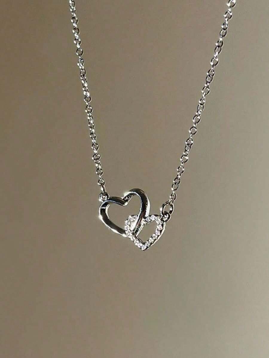 1pc Double Ring Heart Design Tender And Sweet Pendant Necklace With Cubic Zirconia Valentines,Mom,Mother,Mother's Day,Gift - Vàng 2 - Xem 1