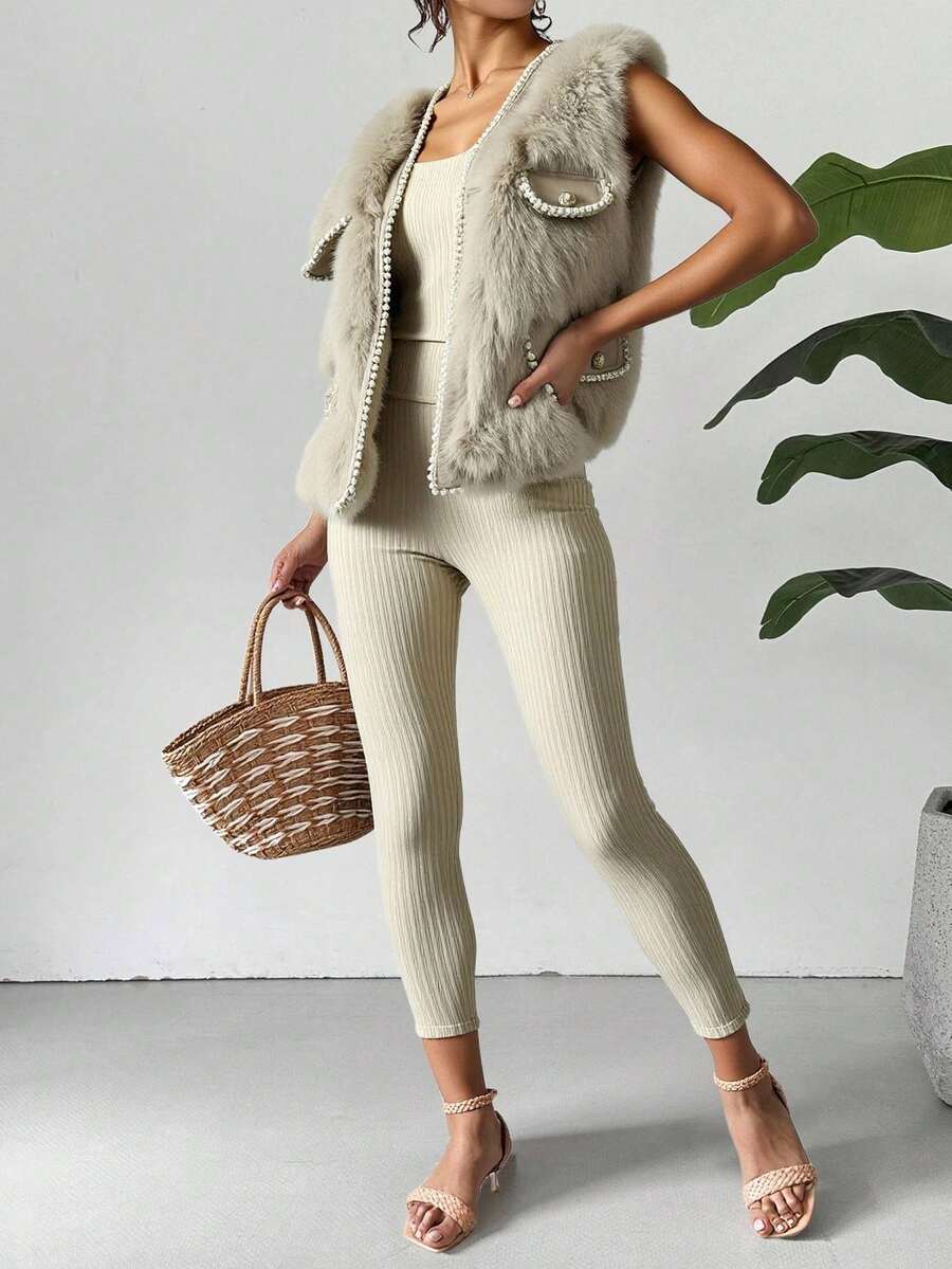 Novedad otoño/invierno: chaleco de piel sintética con detalles de perlas. Elegante, informal, sensual, ideal para salir, festivales, Año Nuevo, Navidad, Halloween y citas. - Albaricoque - Ver 1