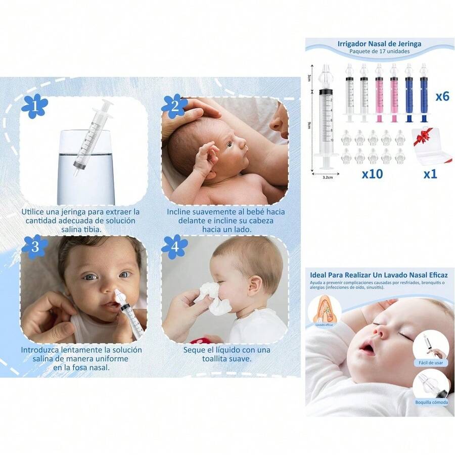 Irrigador Nasal de Jeringa para Niños - Set de 6 Piezas de 10 ml, con 10 Cabezales de Silicona, Reutilizable y Portátil en Estuche - Blanco - Multicolor - Ver 1