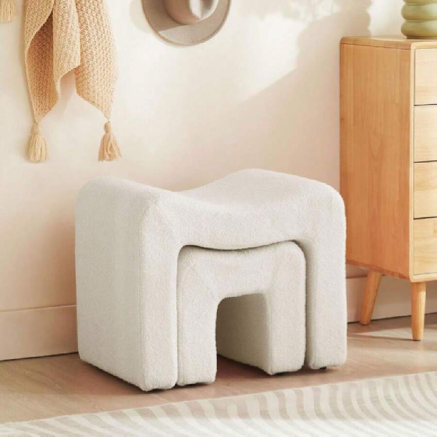 Small Footstool Ottoman Vanity Stool Chair Seating Backless Modern Foot Rest Teddy Velvet Ottoman Set For Room Living Room Bedroom Entryway,White (2-In-1),23568667 - trắng - Xem 1