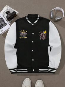 Chaqueta de béisbol de manga larga con bloques de color para hombres, abrigo bomber deportivo casual para otoño/invierno