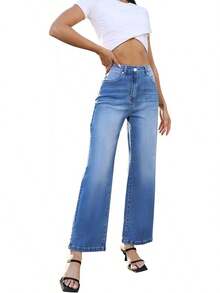 Jeans High Waisted Straight Leg Loose Jeanshalloween - 藏蓝色 - 查看 11