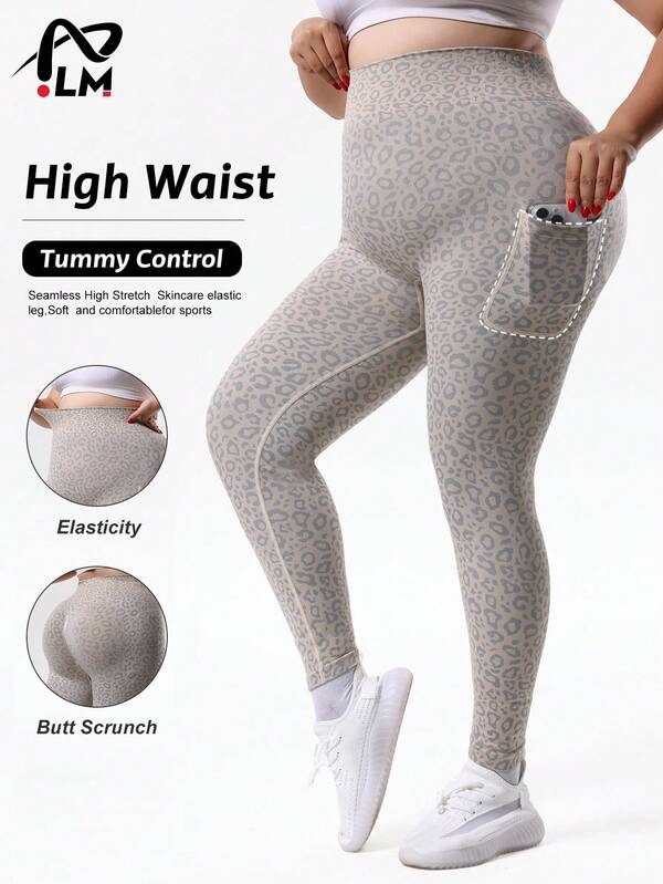 Pantalon de yoga grande taille pour femmes, imprimé léopard abricot sans couture avec poches latérales, fabriqué en tissu très extensible, design taille haute amincissant pour une silhouette parfaite. Convient aux sports d'intérieur et d'extérieur ainsi qu'à la pratique du yoga, mettant en valeur une silhouette élégante.