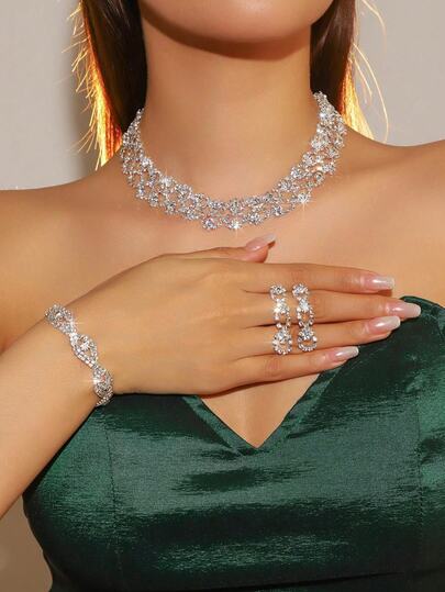 4pcs Luxury Rhinestone Wavy Necklace, Earrings, Bracelet Jewelry Set, Elegant Versatile Accessories Suitable For Women's Daily, Wedding, Party, Gift