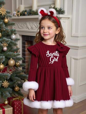 圣诞标语印花条纹针织长袖圆领连衣裙，适合春秋季节度假、派对、户外穿着