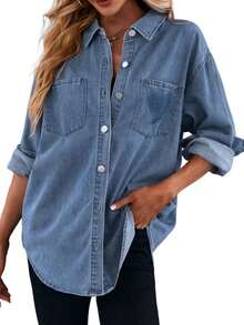 Women's Casual Button Down Denim Shirt Long Sleeve Boyfriend Oversized Jean Jacket With Pockets - 淺藍色 - 查看 1
