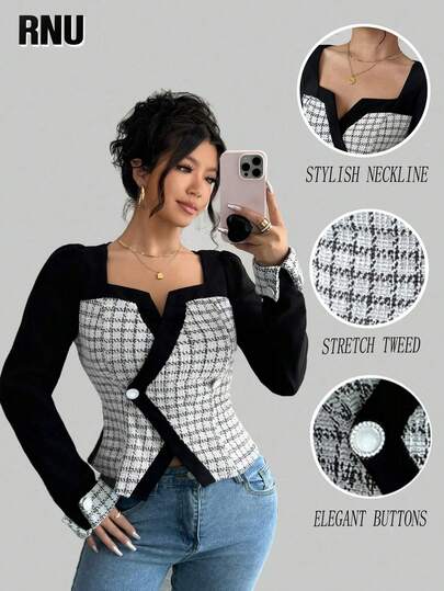 RNU Diseño elegante de tweed de talla grande para mujer, tejido de punto de alta elasticidad con mangas largas, puños de color contrastante, botones de rhinestone, diseño de frente cruzado. Atuendo de otoño/invierno de talla grande adecuado para conciertos, prendas exteriores versátiles y de moda. Atuendo de otoño/invierno de talla grande adecuado para fiestas, salidas nocturnas, Navidad, Año Nuevo. Artículo de moda estilizante, blusa versátil de manga larga.