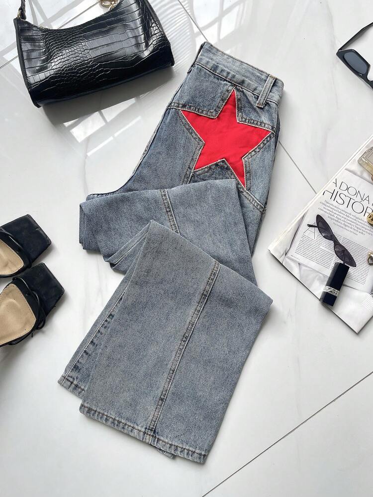 Loose Fit Y2K Style Star Print High Waist Straight Leg Jeans, Relaxed Fit 90s Retro Baggy Jeans, Casual Street Wear Jeans For Women Spring - Blue - View 6
