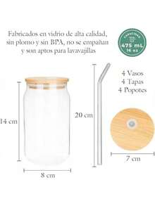 SELECTSHOP Set De 4 Vaso Tipo Lata De Vidrio Con Tapas Popotes De Vidrio Y Cepillo De Limpieza Vasos para Cerveza Taza de Café Helado Vasos de Cóctel Adecuados para Agua Jugo Sodaé Regalo (Set De 4) - Juego de 4 piezas - Ver 6