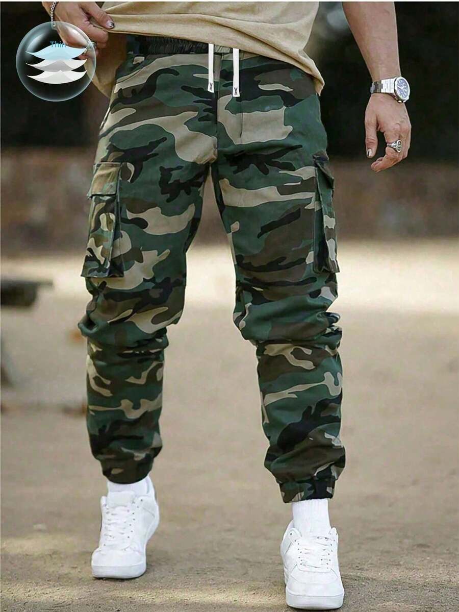 1pc Tween Boys' Camo Cargo Pants With Pockets - Stretchy Casual Outdoor Workwear, All-Season Comfort, Regular Fit For Play & Sports, Boy Pants, Allseason Trousers, Functional Pocket Design, Durable Kids' Clothing, For Outdoor, For Back To School - Army Green - View 1