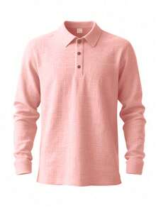 Men's Lightweight Linen Long Sleeve Polo Shirt, Half-Zip Button Design, Breathable And Comfortable, Suitable For Beach, Outdoor Activities, Family Gatherings (Note: White, Light Blue, Etc. Colors Are Slightly Sheer; European And American Sizes Run Large, Recommend Ordering One Size Down) - Baby Pink - View 6