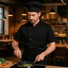 BIG Conjunto de Chef Profesional, 3 Piezas, Negro, Uniforme de Cocina con Gorro, Camisa Manga Corta y Delantal - Grande + Negro - Ver 6