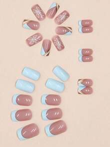 24Pcs/Set Nail Art Stickers - Light Blue, Floral, Butterfly Patterns, Medium Square Shape, Glossy Surface - Diversified Styles, Fashionable Manicure, Bright Nail Art |   Pattern Stamping |   Complex Nail Designs, Nail Accessories To Make Your Fingertips  Brilliantly, Suitable For Parties, Dances And Everyday Wear, Removable And Reusable Press On Nails Nail Supplies Nails - 彩色 - 查看 4