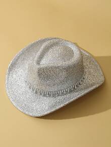 1 件男女通用亮片纯色波西米亚牛仔帽牛仔帽沙滩帽巴拿马帽太阳帽爵士帽软毡帽软呢帽户外 - 銀色 - 查看 3
