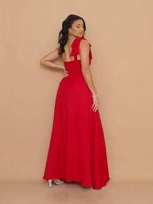 Helena Long Dress Luxury Plain Dune Linen With Bow One Shoulder - 紅色 - 查看 4