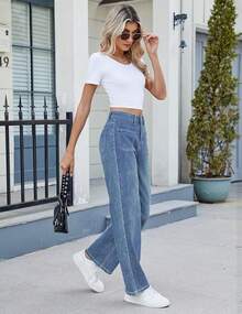 Wide Leg Jeans Straight Leg Jeans Baggy Denim Pantshalloween - 中號藍色-長 - 查看 5