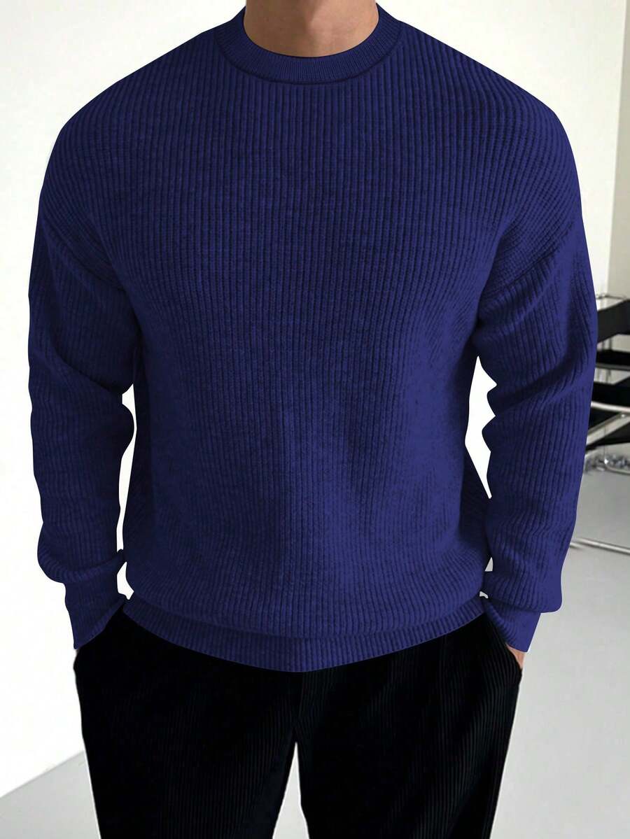 Men's Casual Solid Color Knit Sweater, Autumn/Winter - Navy Blue - View 1