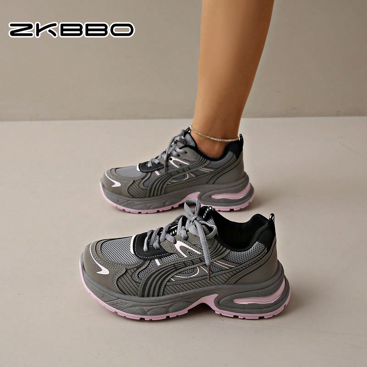 Zapatillas deportivas casuales de mujer con suela gruesa, cómodas para caminar al aire libre, con puntera redonda y cordones