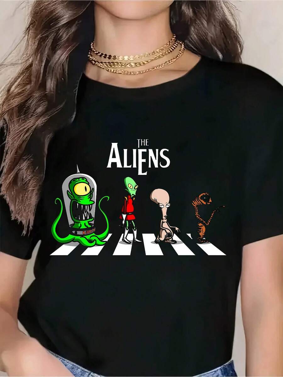 The Aliens Crossing Road T-Shirt - Funny Alien Cartoon Graphic Tee For Men Women, Sci-Fi Comedy Design, Halloween Costume Shirt, Casual Streetwear Top - 黑色 - 查看 1