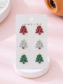Valentine's Day 3 Pairs/Set Acrylic Sparkling Christmas Tree Design Stud Earrings Set, Perfect Gift For Holiday Parties - Multicolor 9 - View 1