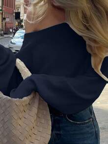 Women's Solid Off Shoulder Knit Blouse, Fall Winter Slim Cropped Sweater - Royal Blue - View 4