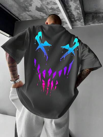 大码男式霓虹全息恶魔笑脸圆领T恤