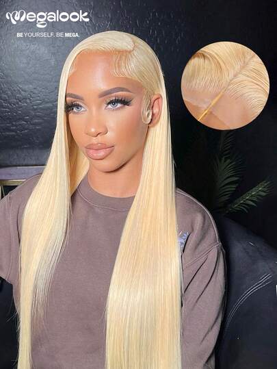 MEGALOOK 613号金色13x4 180%密度蕾丝前丝滑直发假发 - 100%真人发丝，预先拔毛，自然发际线，巴西金色直发假发，透明蕾丝前额 - 全天舒适，适合日常佩戴、办公室、派对、Y2K酷炫风、度假、户外活动，最适合周日角色扮演、校园、学校假期、圣诞节、返校季、婚礼、万圣节、节日、约会之夜等场合，魅力十足的女士假发