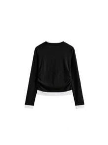 Women's Spring Round Neck Contrast Color 2 In 1 Pleated Long Sleeve T-Shirt Top Casual Black - Black - View 2