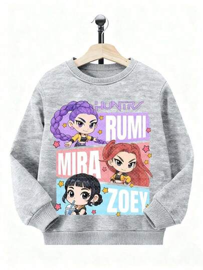 Children's Clothing, "HUNTRY" Letters And RUMI, MIRA, ZOEY Cartoon Character Print Long Sleeve Women's Sweatshirt, The Fabric Is Comfortable, Suitable For Students To Wear In Fall And Winter, To Create A Young And Casual Look, Cozy And Fashionable. , Printed Sweatshirt, Boys' Clothing, Girls' Clothing, Halloween Costumes
