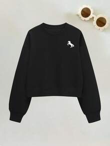 女士休闲圆领运动衫，时尚，秋冬 - 黑色 - 查看 2