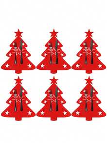 6 piezas/12 piezas Portacubiertos de árbol de Navidad, Bolsillos de fieltro para cubiertos Decoración de mesa navideña Decoraciones para fiestas de Navidad - Rojo - Ver 3