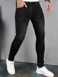 1 pieza Jeans de mezclilla azul con bolsillo con cremallera y ajuste delgado y elástico para hombre - Negro - Ver 3