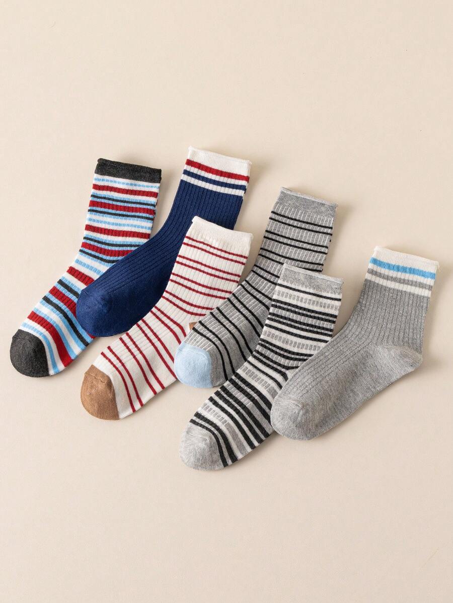 5 Pairs Women's Mid-Calf Socks, Versatile Colorful Striped Ribbed Cuff Design, Skin-Friendly & Breathable, Autumn