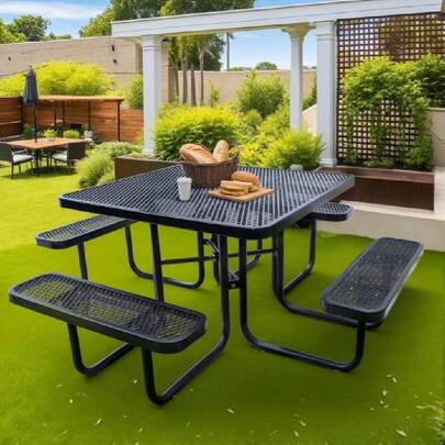 46" Square Top Outdoor Picnic Table Set For Up To 8 Persons, Outside Table Set With 4 Built-In Benches, Metal Coercial-Grade Dining Furniture With Umbrella Hole For Garden, Backyard, Porch, Patio,23691832