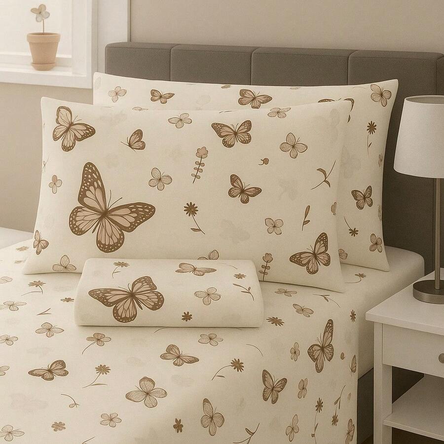 QUEEN Fitted Sheet Set 3 Pieces 100% Printed Cotton, Pillowcase With Toothpick Tip - (Own Bed Linen) - Bướm nâu - Xem 1