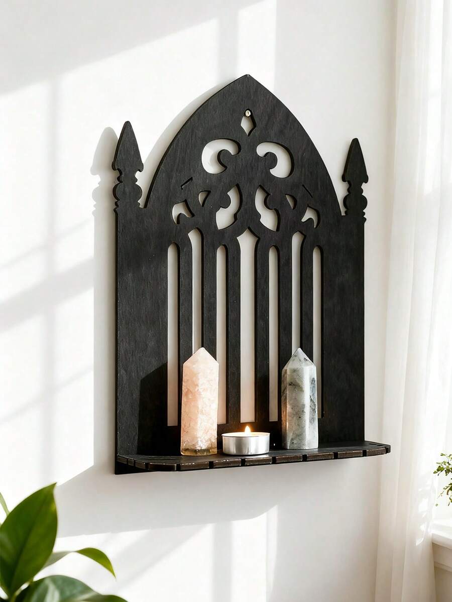 1 件哥特式壁挂架，黑色教堂窗户设计，壁挂式展示架，神秘家居装饰架，可用于展示水晶、蜡烛、饰品，复古哥特式房间装饰，适用于客厅、卧室、办公室