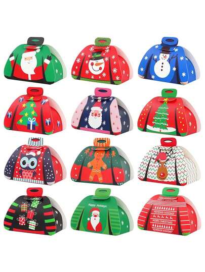 [Caixa de presente de suéter de Natal] Conjunto de 24 caixas de presente de suéter de Natal | Caixas de festa com design de suéter festivo e padrões coloridos (listras, bolinhas, flocos de neve, biscoitos de gengibre) | Construção de papelão resistente com abertura | Para chocolate, doces, trufas | Decorações de festa de Natal, lembrancinhas de festa com suéter feio