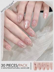 30 Pieces Press On Nails Almond/Gilded Pattern Printed Removable Fake Armor Plate/Perfectly Fitting Acrylic Fake Nail Set, Including 1 Jelly Glue And 1 Nail File, Suitable For Women's Daily Work, Study, And Gatherings In Autumn And Winter Nail Products Suitable For Gatherings, Festivals , And Daily Use