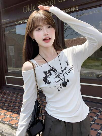 Women's Casual Off-Shoulder Sweater With Letter Print, Sweet & Cute Long Sleeve Top, Autumn/Winter