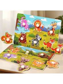 1pc Children's Cognitive Puzzle, Montessori Early Education Wooden Toy, Fruit & Animal Matching Mushroom Nail Puzzle - Multicolor - View 3