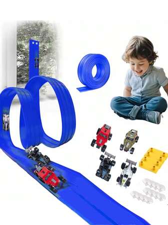 Pista de carreras flexible de 4,5 m con ventosas - Pista de carreras enrollable y portátil DIY compatible con autos a escala 1/64 - Regalo de cumpleaños para niños y niñas de 3+ años