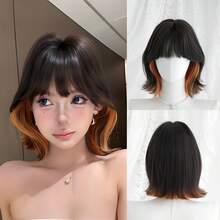 Wig Bob Pendek Keriting 12 Inci dengan Sorotan Cokelat Oranye untuk Wanita - Wig Keriting Modis dengan Poni, Wig Serat Sintetis Lembut, Halus, dan Tahan Panas untuk Penggunaan Sehari-hari, Sempurna untuk Liburan, Festival Musik, Perayaan, Perayaan Sakura, Hadiah Wisuda & Hadiah Aksesori Wig untuk Teman - Coklat - View 11