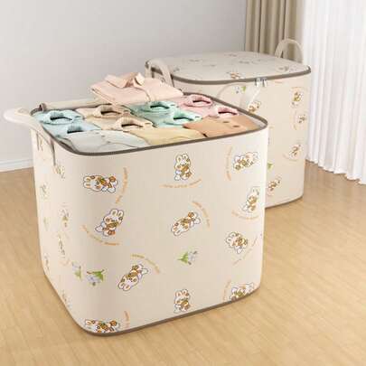 1pc High-Quality Cartoon Clothes Quilt Storage Bag, Multifunctional Foldable Wardrobe Organizer, Space Saving Clothes Storage Container, Large Capacity Quilt Storage Container With Handle, Moisture-Proof And Dustproof, Two-Way Zipper, Thick Handle