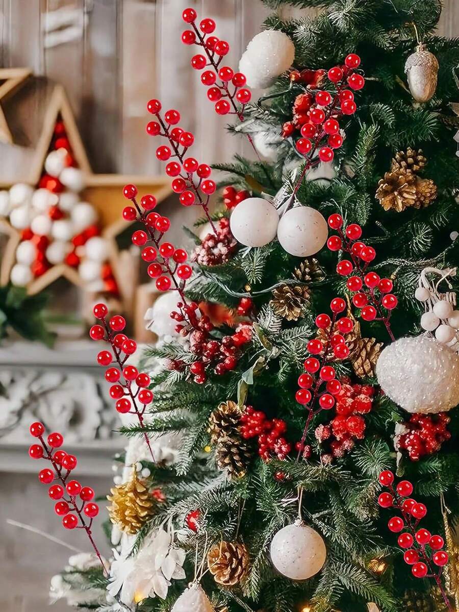 5/15/30 件圣诞节家居装饰冬青财富 12 头红色水果仿真人造红色浆果茎浆果采摘冬青浆果树枝圣诞树装饰插条桌面中心花瓶插条圣诞花环 DIY 配件