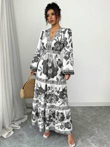 Women's Long Dress With A Floral Print, A-Line Cut, Fitted At The Waist, And Puff Sleeves. This Dress Is Elegant And Romantic, Perfect For Dates, Vacations, Holidays, And Other Occasions. - 黑色 - 查看 3