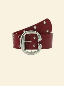 1 chiếc thắt lưng bản rộng đa năng bằng da PU màu đỏ trơn phong cách Punk đường phố dành cho nữ có khóa đôi - Đỏ - Xem 2