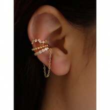 3 Pieces Sparkling Cubic Zirconia Chain Clip Earrings Set, Multi Layered Earrings For Women's Daily Wear, Dates And Parties - 黃金 - 查看 2