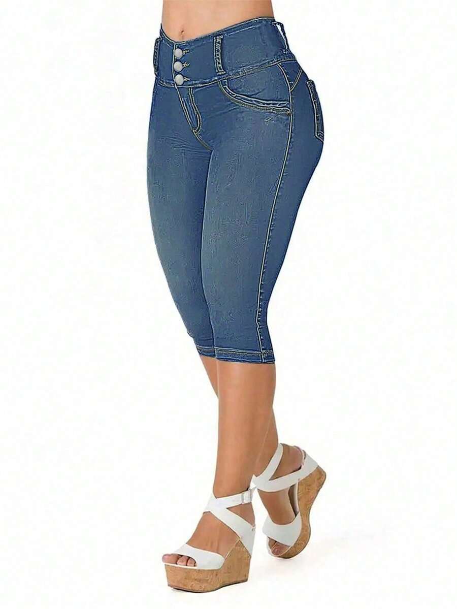 Jeans de talle medio con estiramiento, cierre de botones, lavado clásico, pantalones 7/8 de ajuste ceñido - Azul Marino - Ver 1