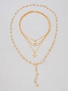 1/2pcs Set Vintage Minimalist Elegant Star Pendant Necklace With Faux Pearl Embellished Y-Shaped Long Chain, Versatile Jewelry Suitable For Women Daily, Party, Date, Vacation, Christmas, Halloween Gift