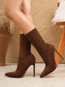 12厘米性感尖头咖啡色弹力莱卡修身高跟中筒靴，女士秋冬款，细高跟 - 咖啡棕 - 查看 4